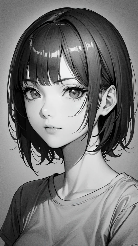 1girl, solo, monochrome, greyscale, short black hair, portrait, T-shirt, closed mouth, looking at viewer, sketch, graphite \(medium\), detailed lips, hatching \(texture\), without makeup, bangs, upper body, (best illustration), (best quality), (very detailed), (masterpiece), 30 year girl, 