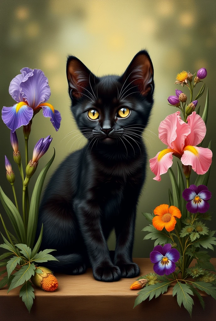 Design for me,Draw a black kitten in a painting by Da Vinci combined with flowers that were popular during the Renaissance.
