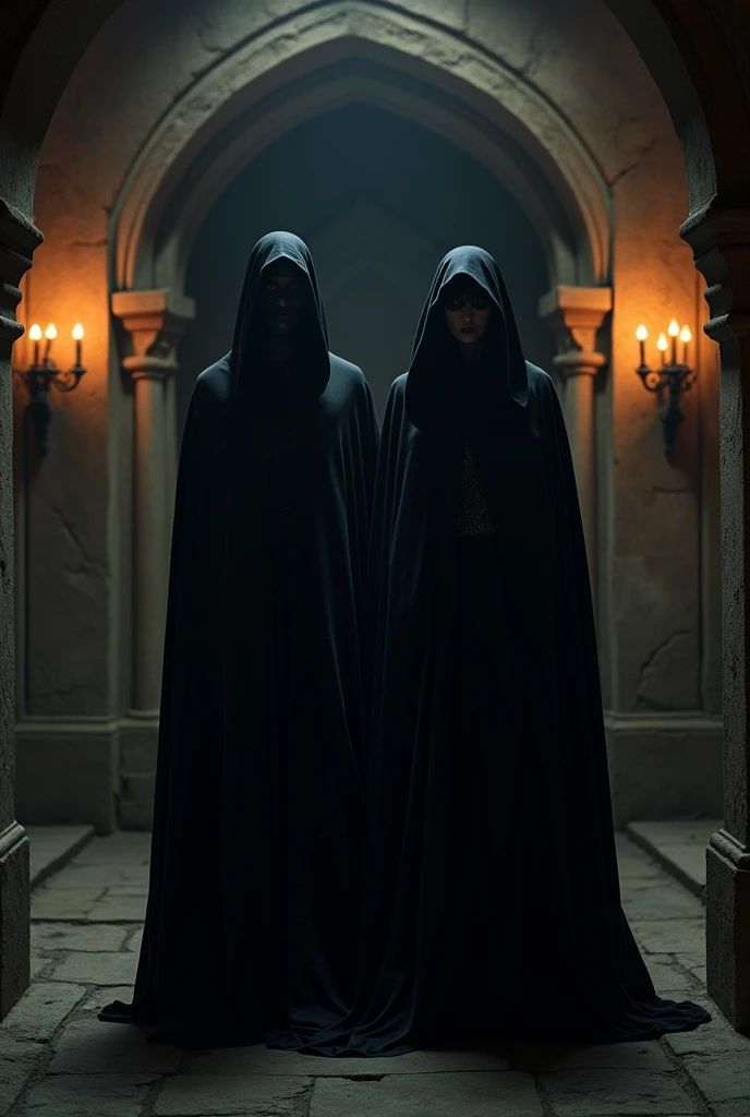 Un homme et une femme noir cote a cote devant une crypte, eclaire par des bougies, dans une atmosphère mystérieuse et lugubre.
L'homme et la femme sont Habillés tout en noir, avec une cape et une capuche. Ils portent tout deux un masque intégral noir sur le visage