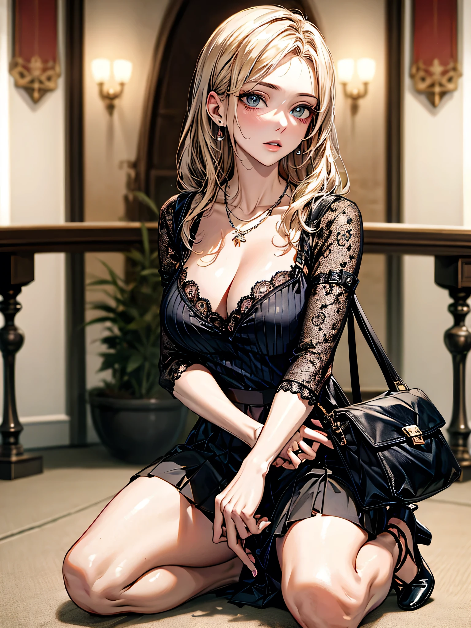 ((Biologically correct limb count))、((Full Body Shot, Full-body photo including face、Head to toe photos))、4K、(masterpiece:1.3)、((Symmetrical facial features))、Eyes of meticulous depiction、beautiful 、Excellent style、((skirt、The neckline is a lace embroidered sheer shirt.、High heels with anklets))、Detailed Description、shopping、Married Woman、sex appeal、Alluring、Handbags、Earrings、necklace、profile、Upper body close-up、Looking up、Blonde、(male:-0.5),(multiple:-0.5)