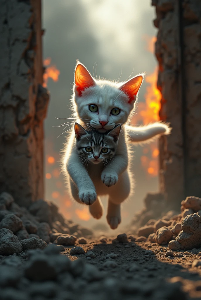 picture of a white cat and its kitten escaping from a burning building