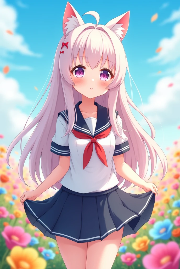 1girl, (upper body:1.3), cat girl, grey hair, streaked hair, pink hair, long hair, hair between eyes, twintails, sailor collar,
highly_detailed, extremely_detailed_CG_unity_8k_wallpaper, highres, absurdres, beautiful_detailed_eyes, finely_detailed_clothing, finely_detailed_light, highly_detail_hair_,
colorful, light rays, caustics, aistics, lens flare, bokeh, nsfw, tianyi3, flat-chested, pink eyes, silk stockings, JK Uniform Plaid Skirt, school uniform, Light pink mini skirt, blush,
score_anime, score_9, score_8_up, masterpiece, beautiful scenery, floral background, illustration, Light yellow underwear, sexually suggestive