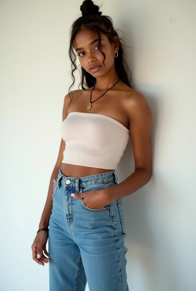 A cute 20 years old indian girl , photoshoot , rough dry face skin , sexy and hot , modern dress , full body view , white wall background 