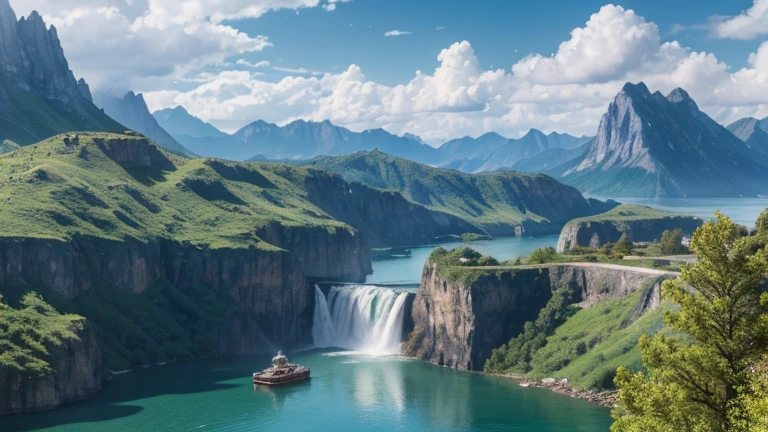 masterpiece, best quality, high quality, Extremely detailed CG unity 8k wallpaper, landscape, outdoor, Sky, cloud, Sky, No humans, Mountain, landscape, water, Tree, blue Sky, waterfall, cliff, nature, lake, river , cloudy skies, Award-winning photography, Bokeh, Depth of Field, HDR, bloom, Chromatic Aberration, Photorealism, Very detailed, Popular on artstation, Popular on CGsociety, complex, High Detail, dramatic, Art on the go