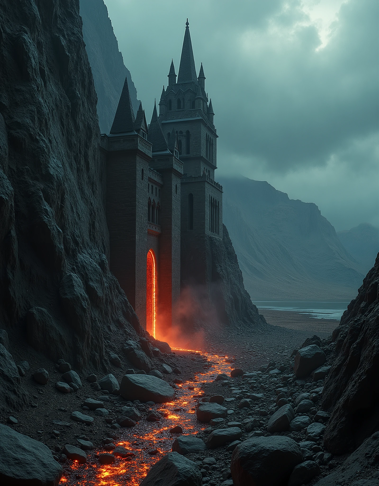 scary horror scene, 35mm vintage, dark grainy old photo, gigantic monolithic Mediterranean stone castle carved into a giant rocky mountain cliff formation, Olympus, vast scenery, lava drooling