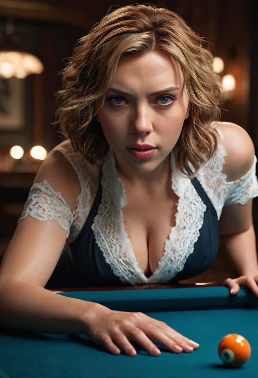 (masterpiece), best quality, expressive eyes, perfect face, 8k, masterpiece, RAW photo, best quality, photorealistic, extremely detailed CG unity 8k wallpaper, Depth of field, Cinematic Light, Lens Flare, Ray tracing, ((scarlett johansson )), (sensual), (Extremely beautiful), (erotic), (masterpiece), (best quality), (Extremely detailed, Hyperrealistic), whole body shown, (intricate details), (8K), (ultra-high detailed textures), (lifelike details), (lifelike textures), (photorealism, realistic), (natural lighting), (realistic detailed lifelike background), ((correct physique, correct fingers, accurate correct anatomy and proportions)), ((highly detailed body and skin structure, proportional body)), (delicate and beautiful), (natural poses, natural expression), (lifelike hair, lifelike skin, lifelike eyes, detailed eyes), (lifelike skin tone, textured skin, skin pores), ((extremely detailed hair)), (extremely detailed eyes), ((well lighting)), (extremely detailed face), (solo), (depth effect:1.0), , professional game, both hands holding pool cue, night, ribbon, bend over, lace dress, lean on table, aim pool ball, good hands