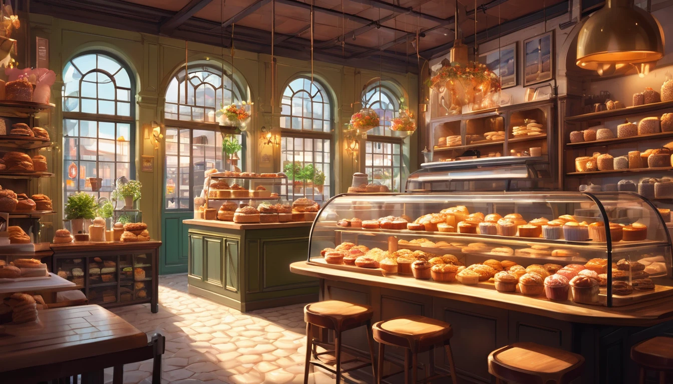 workspace, realistic, the interior of a bakery is illustrated with intricate details and vibrant colours. detailed bakery shop with an interior, seats with soft cushions, and a lot of potted plants, adding to the cosy and inviting atmosphere. Soft lighting casts a warm and beautiful glow over the dreamy scene, it's daytime. (Prompt B and C) realistic art-style bakery shop interior, show cake and sweets, (High resolution, 8k) Very detailed realistic illustration of a bakery shop interior