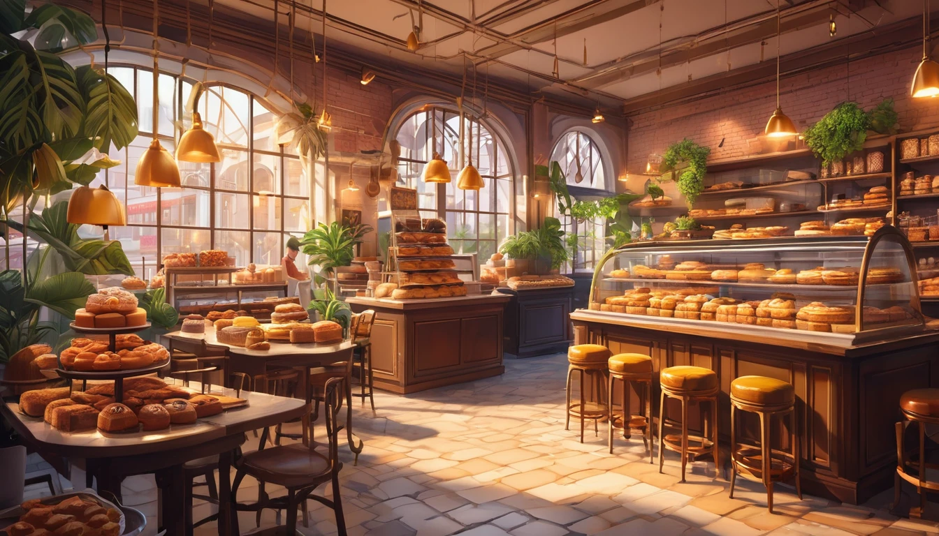 workspace, realistic, the interior of a bakery is illustrated with intricate details and vibrant colours. detailed bakery shop with an interior, seats with soft cushions, and a lot of potted plants, adding to the cosy and inviting atmosphere. Soft lighting casts a warm and beautiful glow over the dreamy scene, it's daytime. (Prompt B and C) realistic art-style bakery shop interior, show cake and sweets, (High resolution, 8k) Very detailed realistic illustration of a bakery shop interior