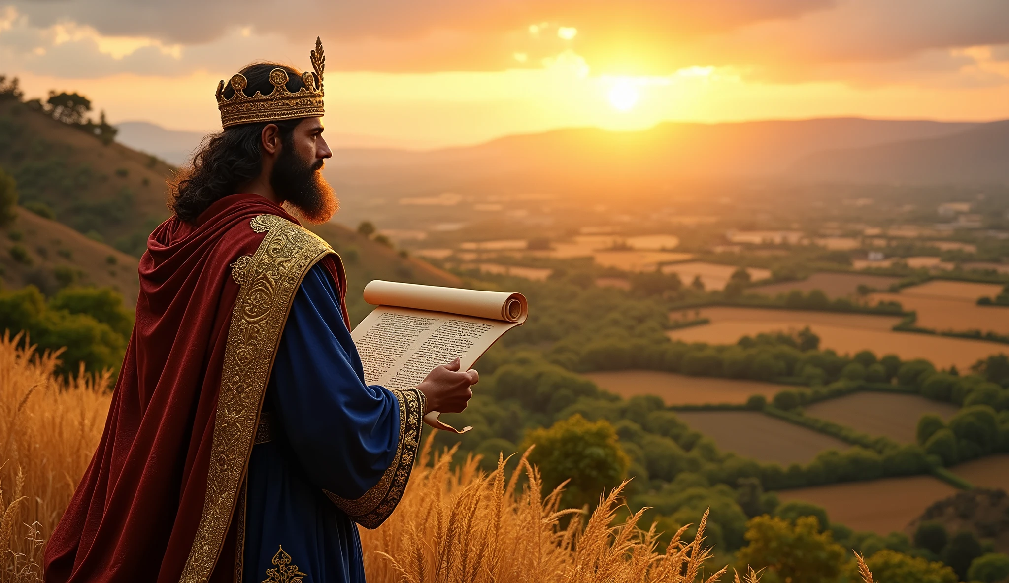 Create an image of Solomon in a biblical setting, observing a vast landscape where different types of crops are growing on fertile lands: wheat fields, vineyards, orchards, and medicinal herb plantations. Each cultivation area symbolizes a type of investment. over the horizon, show a rising sun, symbolizing the growth and opportunities that come with a diversified strategy. Solomon must be holding a scroll with a diversification plan, visualizing the sustainable and secure growth of your wealth.