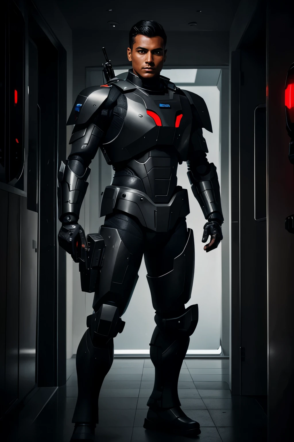 um homem, de (Technological military tactical helmet: 1.2), master part, extremamente detalhado, melhor qualidade, With mechanical robot suits, (metallic details with lights and electronic circuits: 1.2),((corpo inteiro):1.5) extremamente detalhado, intricate with lights and luminous electronic circuits, como Pedro Pascal. (8k, qualidade superior, melhor qualidade, obra-prima, altamente detalhado: 1.2), ((corpo inteiro):1.5)