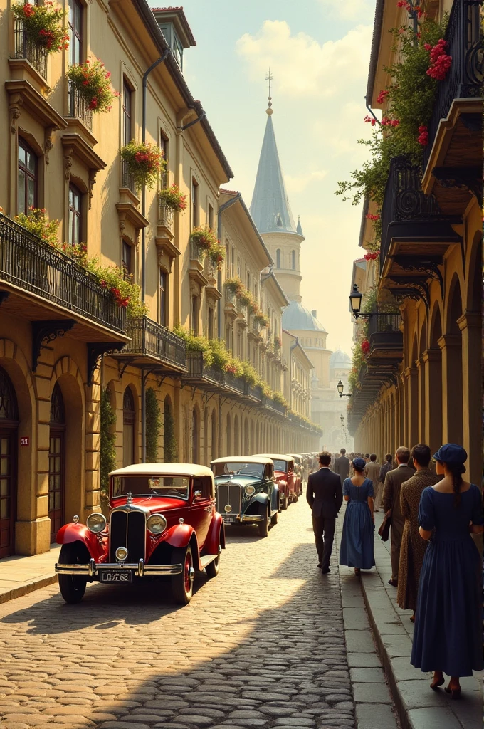 Oil painting cobblestone street with historic buildings, vintage cars, and people in period-appropriate clothing, capturing the charm of a bygone era.