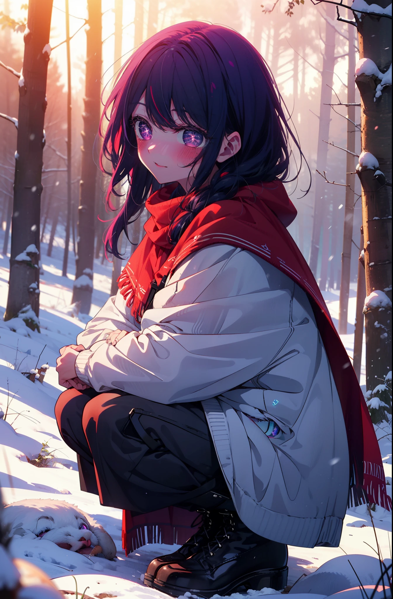 aihoshino, Ai Hoshino, Long Hair, bangs, (Purple eyes:1.1), Purple Hair, (Symbol-shaped pupil:1.5), smile,,smile,blush,white breath,
Open your mouth,snow,Ground bonfire, Outdoor, boots, snowing, From the side, wood, suitcase, Cape, Blurred, , forest, White handbag, nature,  Squat, Mouth closed, Cape, winter, Written boundary depth, Black shoes, red Cape break looking at viewer, Upper Body, whole body, break Outdoor, forest, nature, break (masterpiece:1.2), Highest quality, High resolution, unity 8k wallpaper, (shape:0.8), (Beautiful and beautiful eyes:1.6), Highly detailed face, Perfect lighting, Extremely detailed CG, (Perfect hands, Perfect Anatomy),