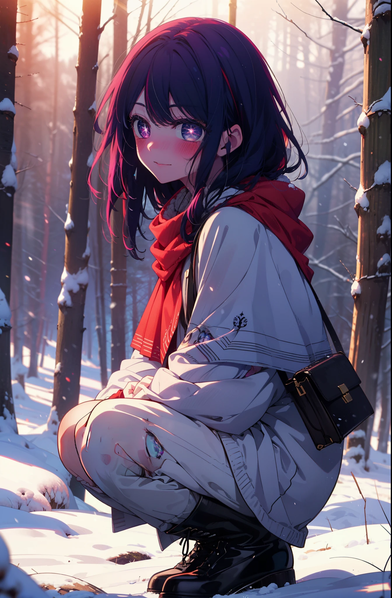 aihoshino, Ai Hoshino, Long Hair, bangs, (Purple eyes:1.1), Purple Hair, (Symbol-shaped pupil:1.5), smile,,smile,blush,white breath,
Open your mouth,snow,Ground bonfire, Outdoor, boots, snowing, From the side, wood, suitcase, Cape, Blurred, , forest, White handbag, nature, Squat, Mouth closed, Cape, winter, Written boundary depth, Black shoes, red Cape break looking at viewer, Upper Body, whole body, break Outdoor, forest, nature, break (masterpiece:1.2), Highest quality, High resolution, unity 8k wallpaper, (shape:0.8), (Beautiful and beautiful eyes:1.6), Highly detailed face, Perfect lighting, Extremely detailed CG, (Perfect hands, Perfect Anatomy),