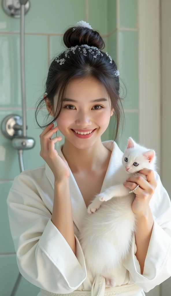 Create an Asian beauty with long hair，Beautiful big eyes，Hair in a bun，Regular facial features，Wearing a white satin bathrobe，Washing hair with one hand，Hair wrapped in real white foam，the other hand holding a white cute kitten，The expression is happy，Upper Body，The characters are realistic and realistic，Bathroom Background，Character front position，9:16 frames，Ultra-high-definition picture quality