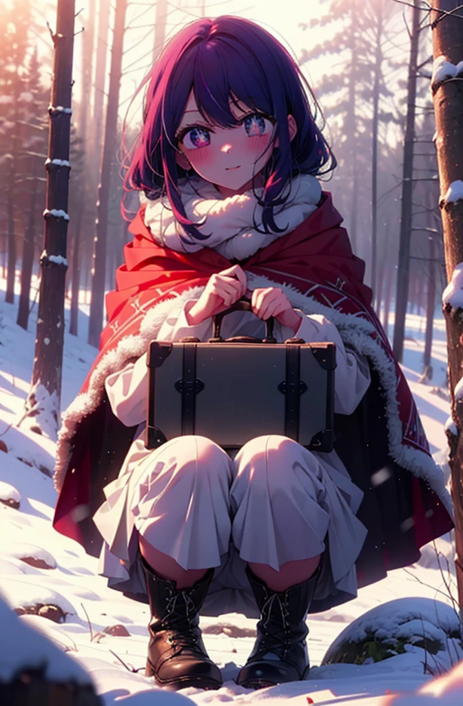 aihoshino, Ai Hoshino, Long Hair, bangs, (Purple eyes:1.1), Purple Hair, (Symbol-shaped pupil:1.5), smile,,smile,blush,white breath,
Open your mouth,snow,Ground bonfire, Outdoor, boots, snowing, From the side, wood, suitcase, Cape, Blurred, , forest, White handbag, nature,  Squat, Mouth closed, Cape, winter, Written boundary depth, Black shoes, red Cape break looking at viewer, Upper Body, whole body, break Outdoor, forest, nature, break (masterpiece:1.2), Highest quality, High resolution, unity 8k wallpaper, (shape:0.8), (Beautiful and beautiful eyes:1.6), Highly detailed face, Perfect lighting, Extremely detailed CG, (Perfect hands, Perfect Anatomy),