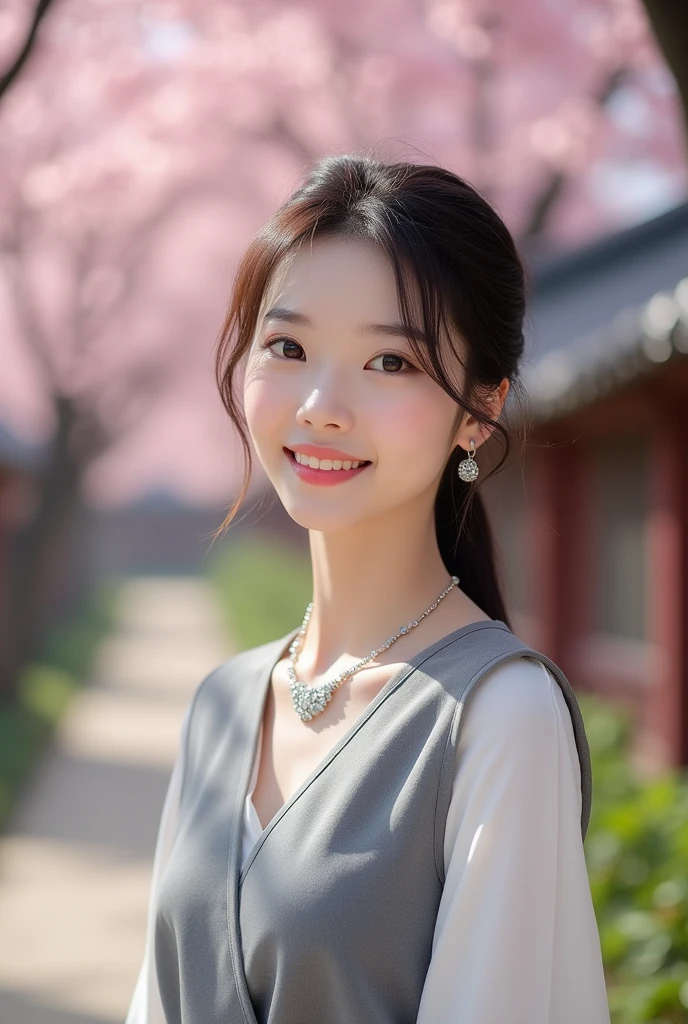 Arafid (Arafed) Asian woman wearing a necklace and a grey vest, beautiful young Korean women, gorgeous young Korean women, beautiful south Korean women, Korean Girls, a Young Asian Woman, Korean women, Young and cute Korean face, Portraits of Korean female idols, young asian girl, Beautiful Asian, Young Asian Woman, Young pretty pale asian face