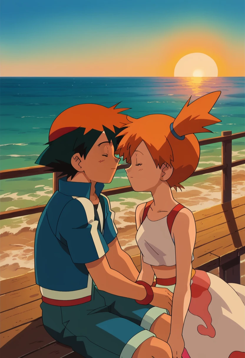 1boy, black hair, hair between eyes, ash ketchum, handsome boy, good looking boy, 1girl, misty pokemon, orange hair, pretty, beautiful girl photograph of a 18 years old couple, both asleep close to each other, sitting on the pier at sunset, sun setting over the sea