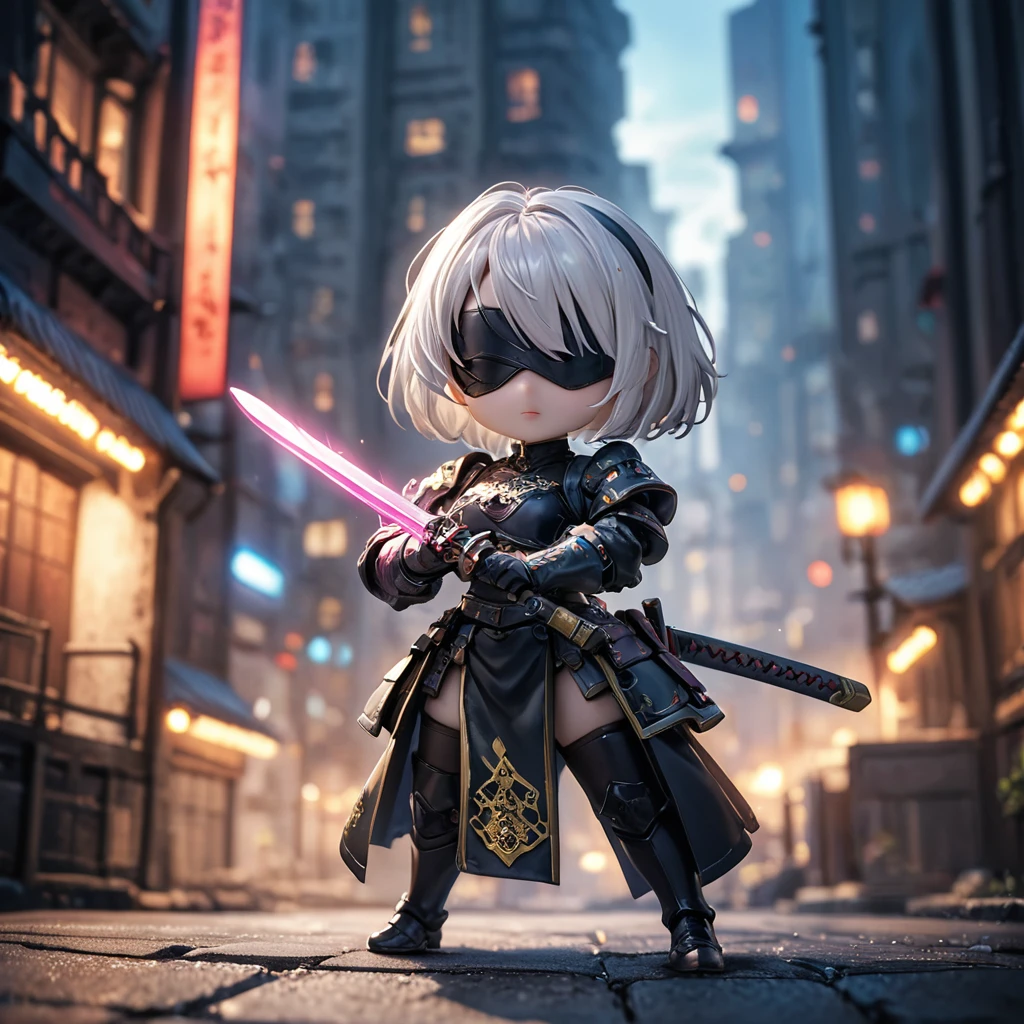 amazing quality, masterpiece, best quality, hyper detailed, ultra detailed, UHD, HDR, DOF, depth of field,
short hair, white hair, solo, wearing ornate armor, gold trim, fighting stance, , closed mouth, holding sword, glowing sword, cyberpunk city, old building,
Chibi Knight,holding samurai blade.
type2b, black_blindfold, black_hairband, 
action shot,fighting shot.
extremely detailed,