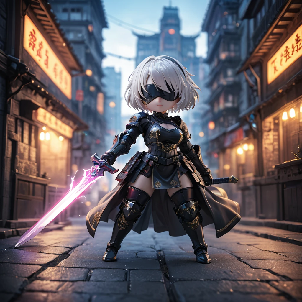 amazing quality, masterpiece, best quality, hyper detailed, ultra detailed, UHD, HDR, DOF, depth of field,
short hair, white hair, solo, wearing ornate armor, gold trim, fighting stance, , closed mouth, holding sword, glowing sword, cyberpunk city, old building,
Chibi Knight,holding samurai blade.
type2b, black_blindfold, black_hairband, 
action shot,fighting shot.
extremely detailed,