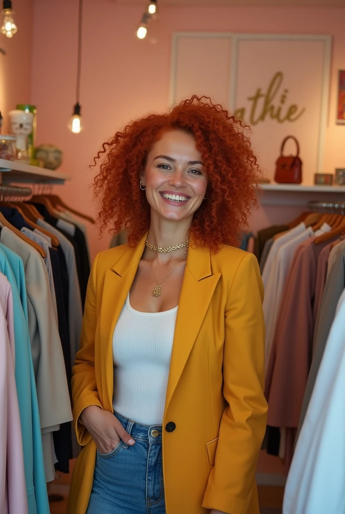 Create an image of a happy, curly-haired, red-haired white woman who is successful with her women's clothing store.