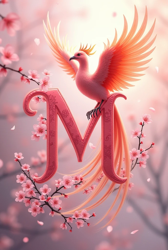 Pink cursive uppercase letter M with elegant details with cherry blossoms and a large phoenix bird above it with open wings taking flight, long tail raised and tender eyes 

