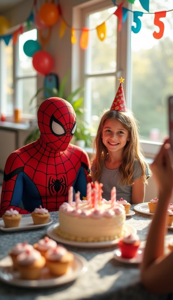 Spiderman sit next toa girl. Spiderman celebrate 's birthday with her mom on the table, realistic, photorealistic