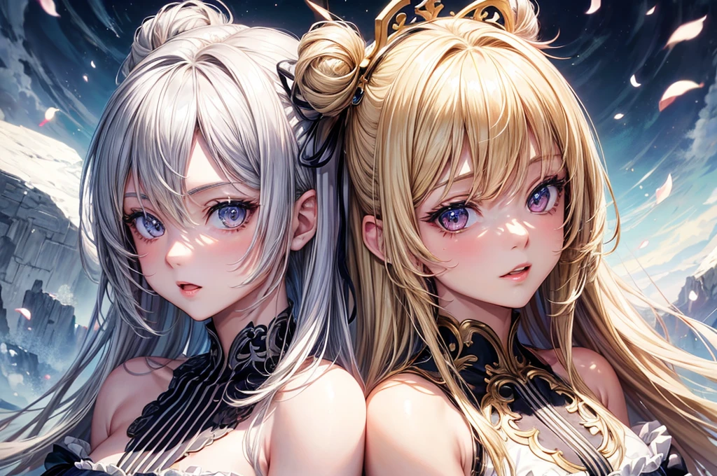 Anime character, half body only, upper body only, half body portrait, posing like a model, good looking, beautiful, full of details, aesthetic, hd, masterpiece art, amazing work. Twin girls, silver and blonde hair, cheerful and quiet, , 