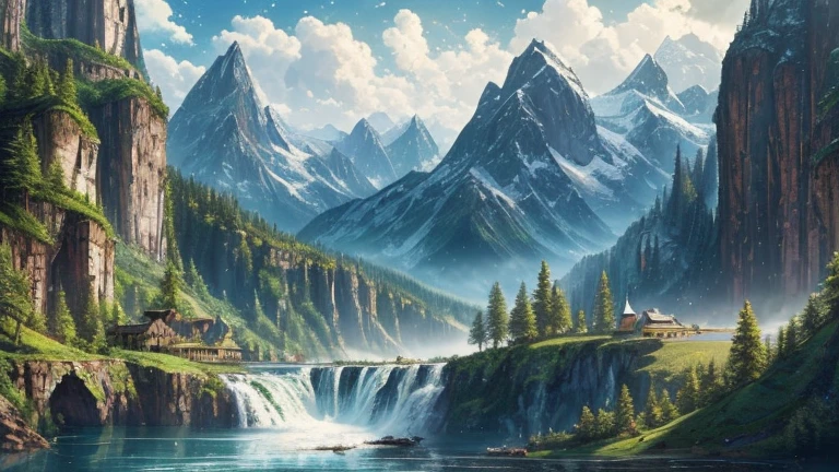 masterpiece, best quality, high quality, Extremely detailed CG unity 8k wallpaper, landscape, outdoor, Sky, cloud, Sky, No humans, Mountain, landscape, water, Tree, blue Sky, waterfall, cliff, nature, lake, river , cloudy skies, Award-winning photography, Bokeh, Depth of Field, HDR, bloom, Chromatic Aberration, Photorealism, Very detailed, Popular on artstation, Popular on CGsociety, complex, High Detail, dramatic, Art on the go
