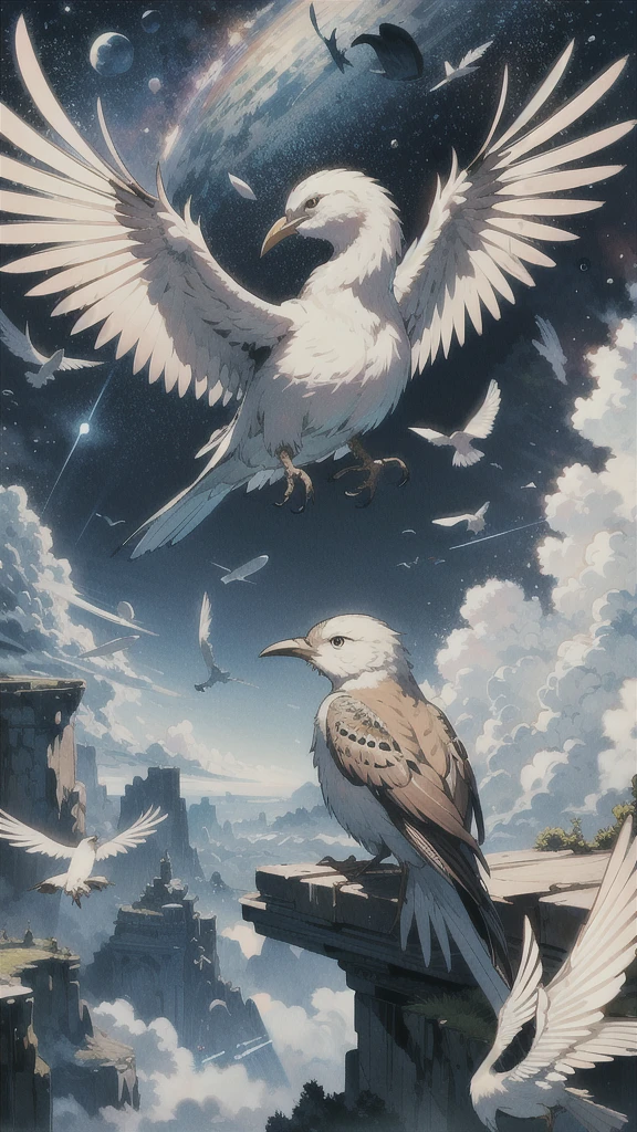 ridiculous resolution, high resolution, (masterpiece:1.4), super detailed, 1bird, seen from above, space, floating, --v 6