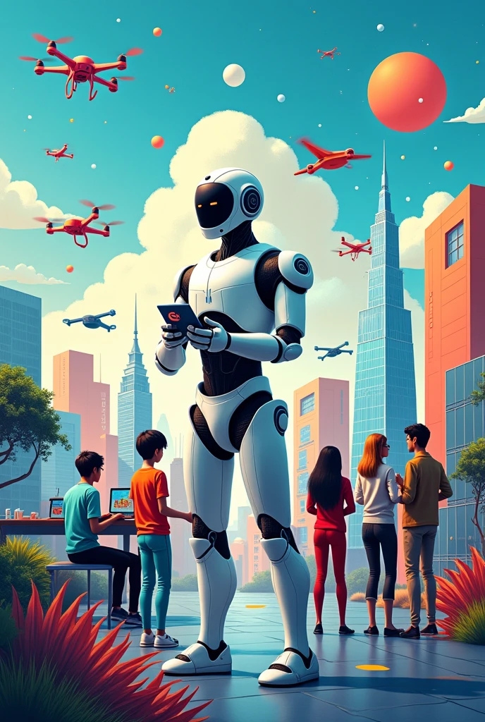 create a poster showing how newest technology could affect the life and work in the future. add phrases in relation to the topic. the important words must be emphasize. make it creative and it should attract attention. use objects, shapes and forms