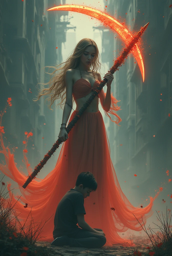 Words "infinite" Write in large letters at the bottom of the screen., A girl wielding huge scythe, The sickle was bigger than her body., ((Masterpiece, Highest quality, Highest picture quality, high resolution, realistic, raw photos, 8ก)), ((A collection of 8K CG wallpapers that are very detailed.)), (Shoot a huge amazing goddess., Very hot and sexy, jaw-dropping beauty, perfect proportions, beautiful body, slim body beauty:1.4), A girl wielding huge scythe, Movie Poster, (huge scythe:1.5), There was a young man kneeling in front.,