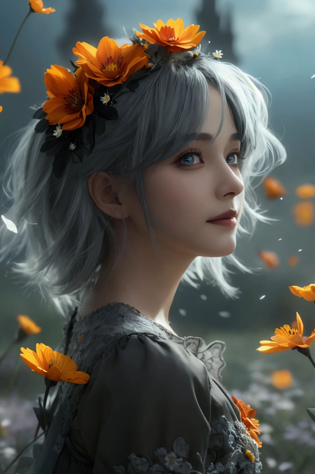 masterpiece, Highest quality, One person, (colorful),(Beautifully detailed eyes and face),cinematic Lighting,Bust Shot,Highly detailed CG Unity 8k wallpaper,Gray Hair,alone,smile,Complex skirt,((Flying petals)),(Flowery meadow) null, cloudy_null, building, moonLight, moon, night, (Dark Theme:1.3), Light, Fantasy,