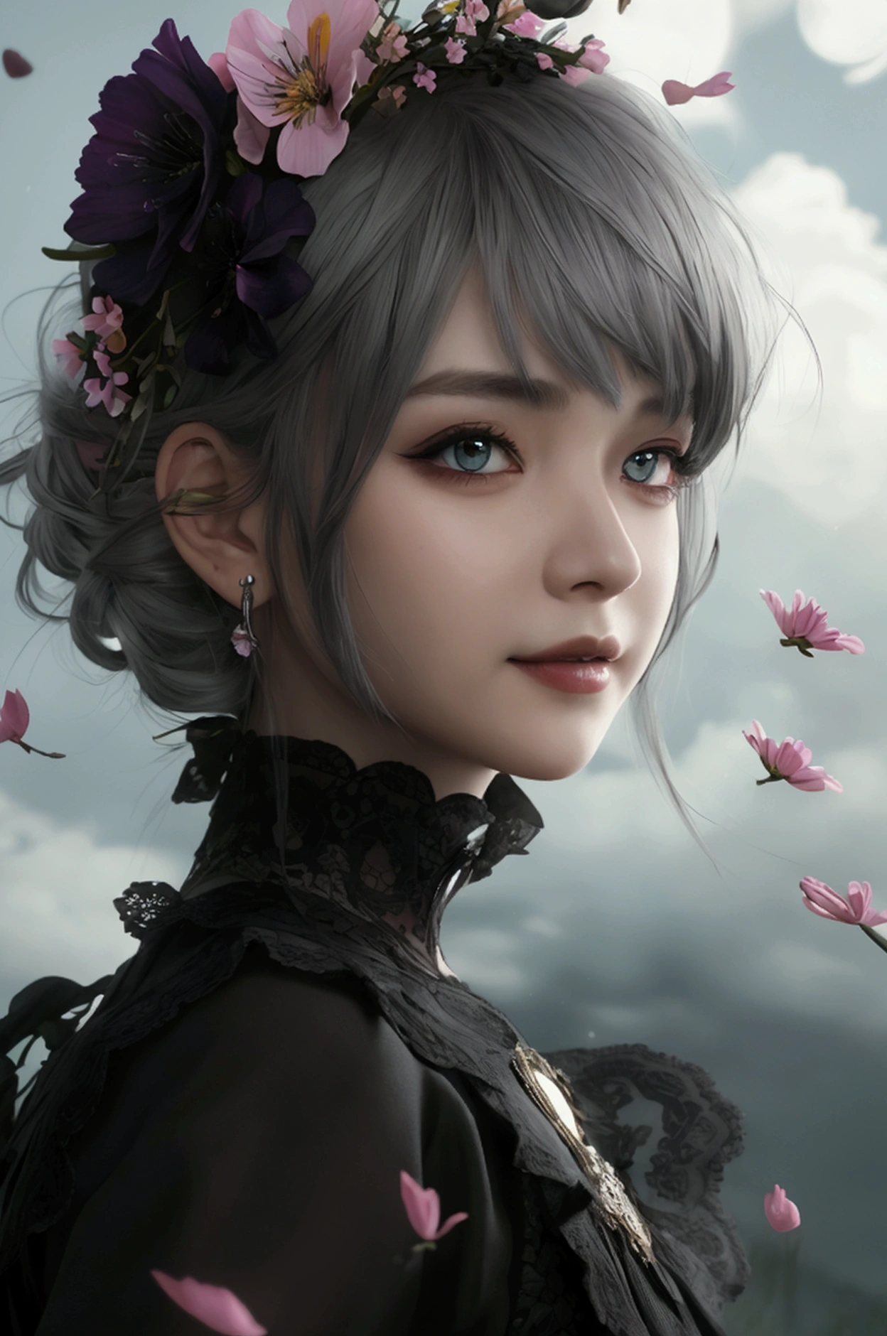 masterpiece, Highest quality, One person, (colorful),(Beautifully detailed eyes and face),cinematic Lighting,Bust Shot,Highly detailed CG Unity 8k wallpaper,Gray Hair,alone,smile,Complex skirt,((Flying petals)),(Flowery meadow) null, cloudy_null, building, moonLight, moon, night, (Dark Theme:1.3), Light, Fantasy,