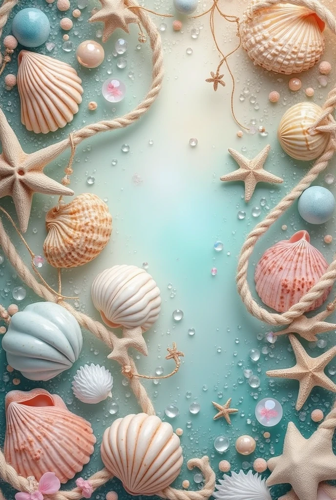 Design a mystical, enchanting patte
where hand-picked Sanibel shells are paired with eth
crystals and whimsical charms. The layout should ha
dreamlike quality, with flowing lines and a soft color
that enhances the magical, beachy vibe.