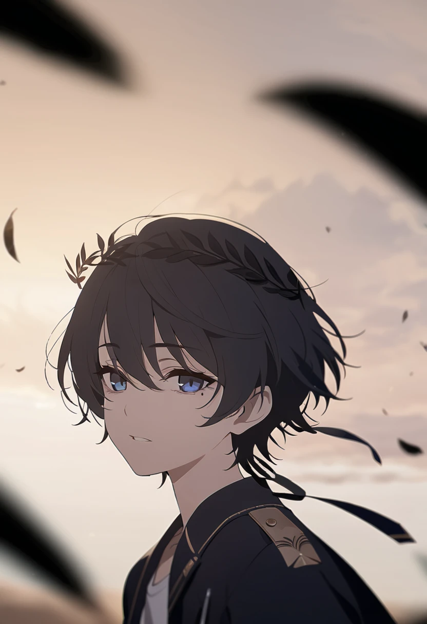 masterpiece,best quality,depth of field,8k,Looking at the viewer,man,black hair,Blue Eyes,(charismatic eyes 1:1),chic,alone,Has dark circles under their eyes,looking straight ahead,Black jacket over a white t-shirt,A black laurel wreath floating in the air above the head