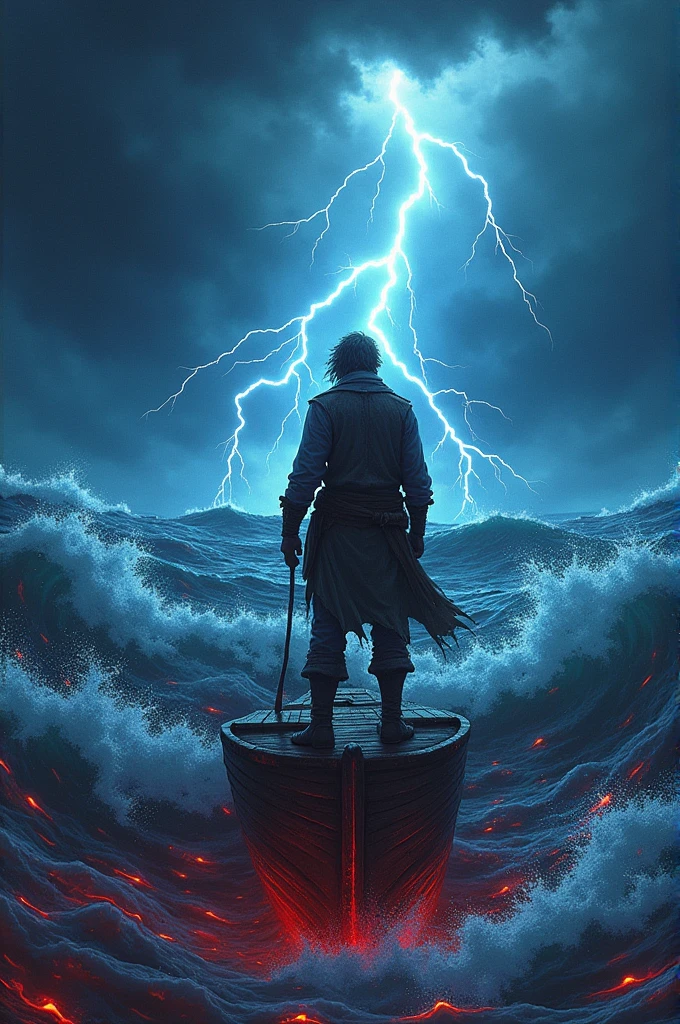 CREATE A WRITTEN COVER " CUSRSED SEAS " RED AND  AND BRIGHT LIGHTNING AND CURRENT