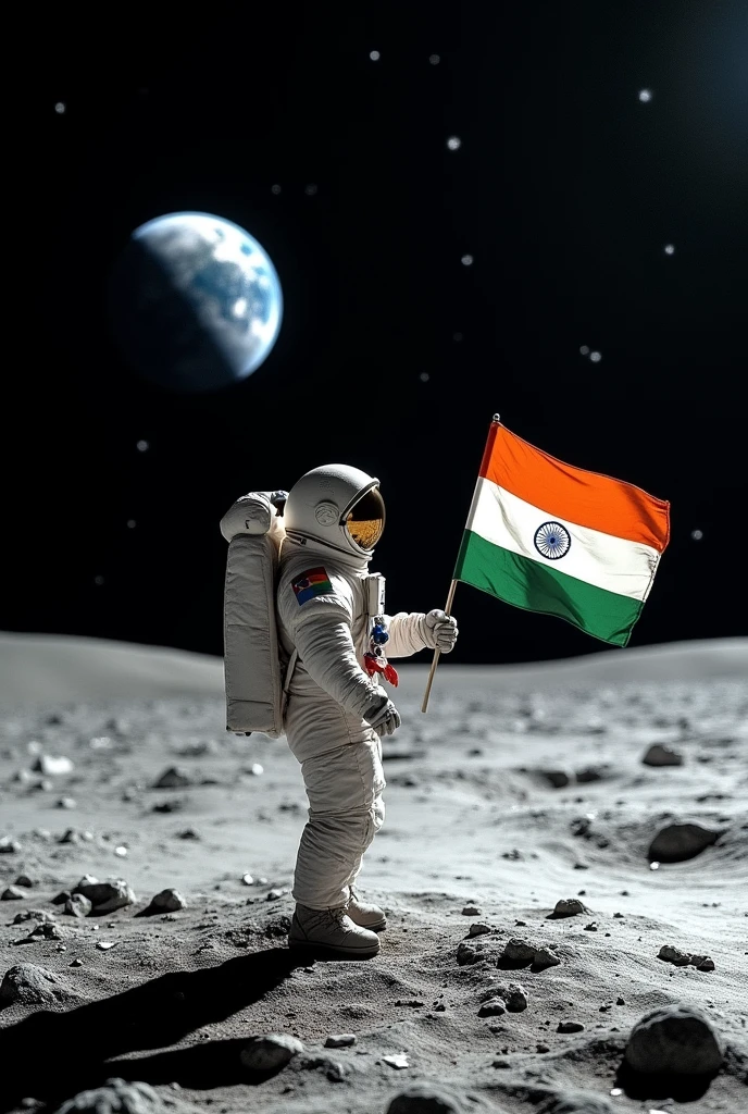 Indian astronaut watching earth from moon with Indian flag in his hand