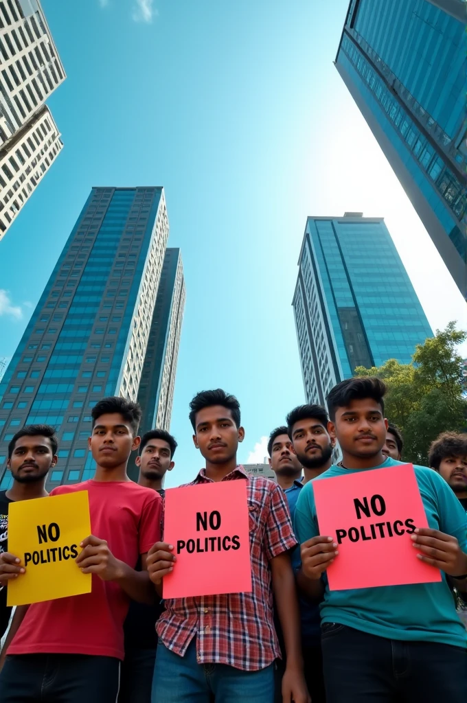 Make Images
Boys are standing with Leaflets where written 'NO POLITICS in Jatiya Kabi Kazi Nazrul Islam University '
Background big buildings