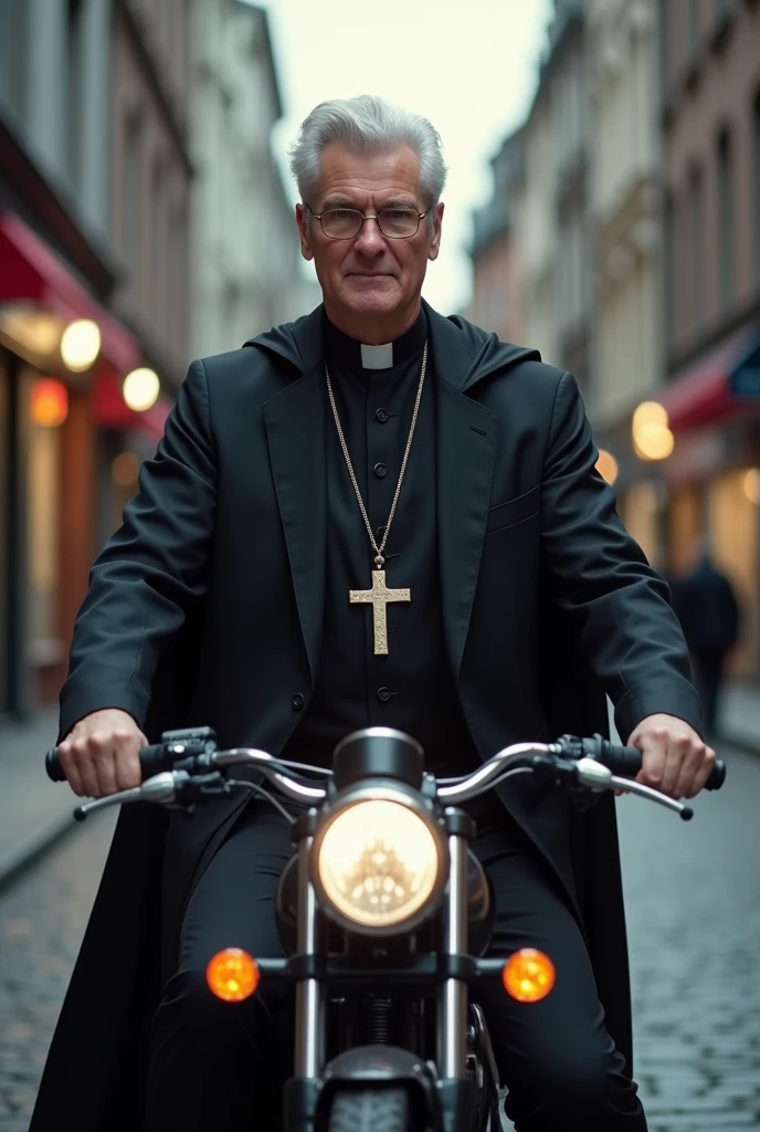 a super heroic priest, middle aged, with clergyman, but cyber black dresses as a new super divine agent in the town on his bike HD