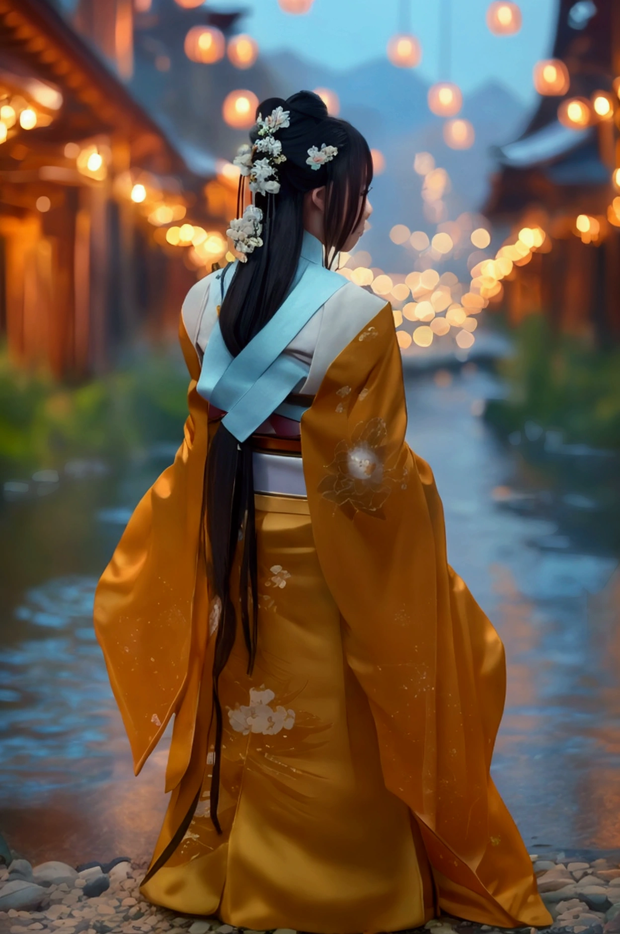 Highest quality, masterpiece, High resolution,, One person, Detailed face, (Upper Body:1.6), Cyber City, Mountains and Rivers, night, Firefly Light, Realistic, Lots of details, (White Hanfu:1.2), (Beautiful body:1.4),