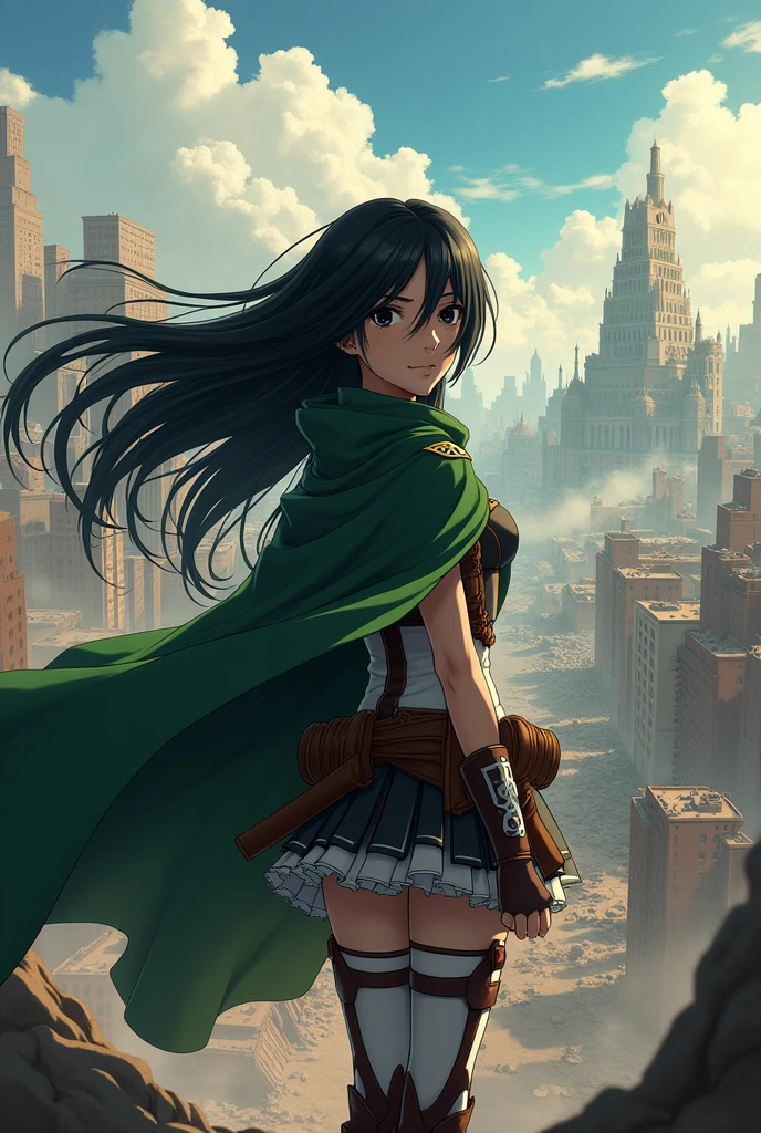 attack on titan style girl black hair, fringe, and black eyes