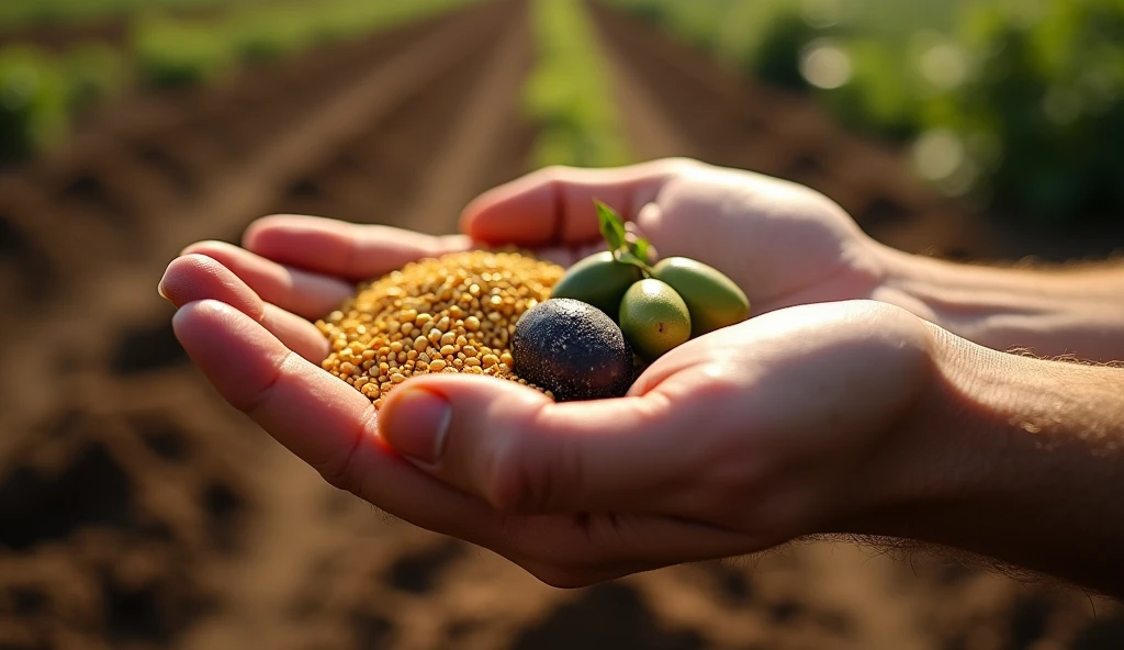 Create a close-up image of a hand holding several different seeds – wheat, Uvas, olives, and gold dust – ready to be planted in fertile soil. Each seed represents a type of investment and the potential future harvest. Ao fundo, show the prepared soil slightly out of focus, with small divisions where the seeds will be planted, symbolizing the diversification strategy. The hand should be positioned in a way that suggests care and intention., highlighting the importance of planting wisely to maximize opportunities.