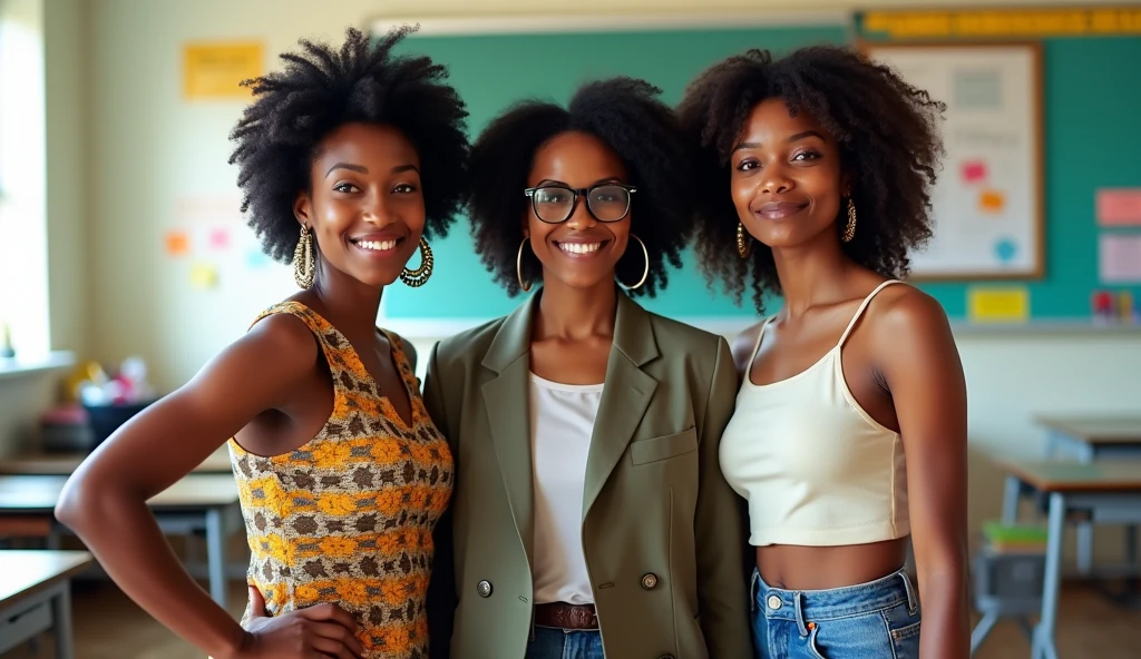 3 femme peau noire natsy,dans une salle de classe,le regard vers nous