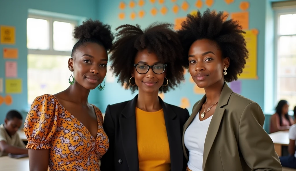 3 femme peau noire natsy,dans une salle de classe,le regard vers nous