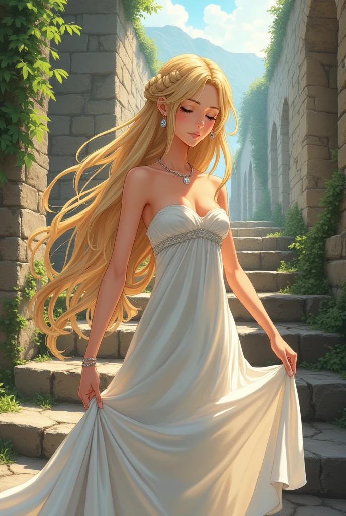 (anime style) 1girl, solo, long hair, breasts, looking at viewer, blonde hair, dress, holding, bare shoulders, jewelry, standing, full body, closed eyes, braid, earrings, indoors, white dress, bracelet, strapless, sunlight, strapless dress, stairs, backless outfit, skirt hold, long dress, bare back, backless dress, ruins