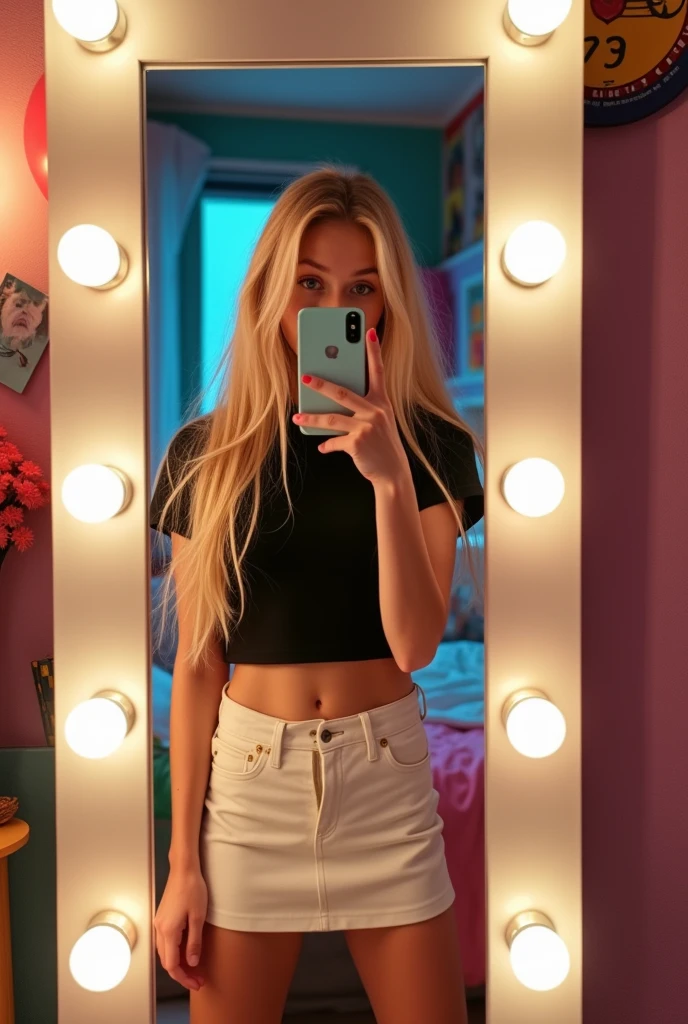 Photo of a young blonde girl taking a selfie in her bedroom, striking a very sexy pose with her phone in front of her mirror. She hides her face completely. She's wearing a very short white skirt that shows off her buttocks. She's wearing a black t-shirt that shows off her belly. She is of average build. The mirror is equipped with white LEDs.