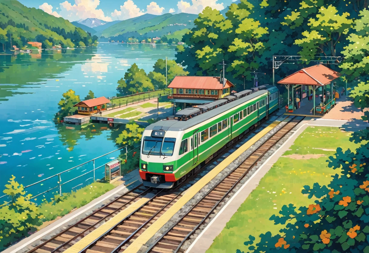 Train running on the lake,Small station platform,green,summer