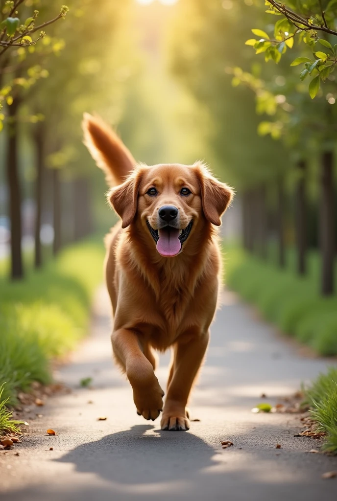 A dog going in a street , brown color dog , tiny trees, side view , a bit healthy