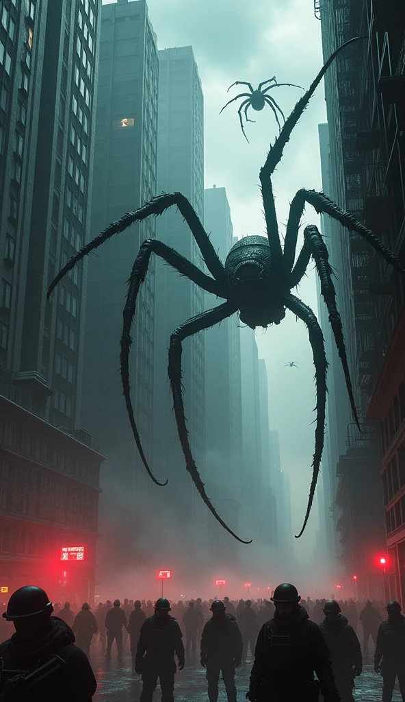 Images of buildings invaded by giant spiders Spider webs covered View of buildings surrounded by spiders The army begins to attack the spiders