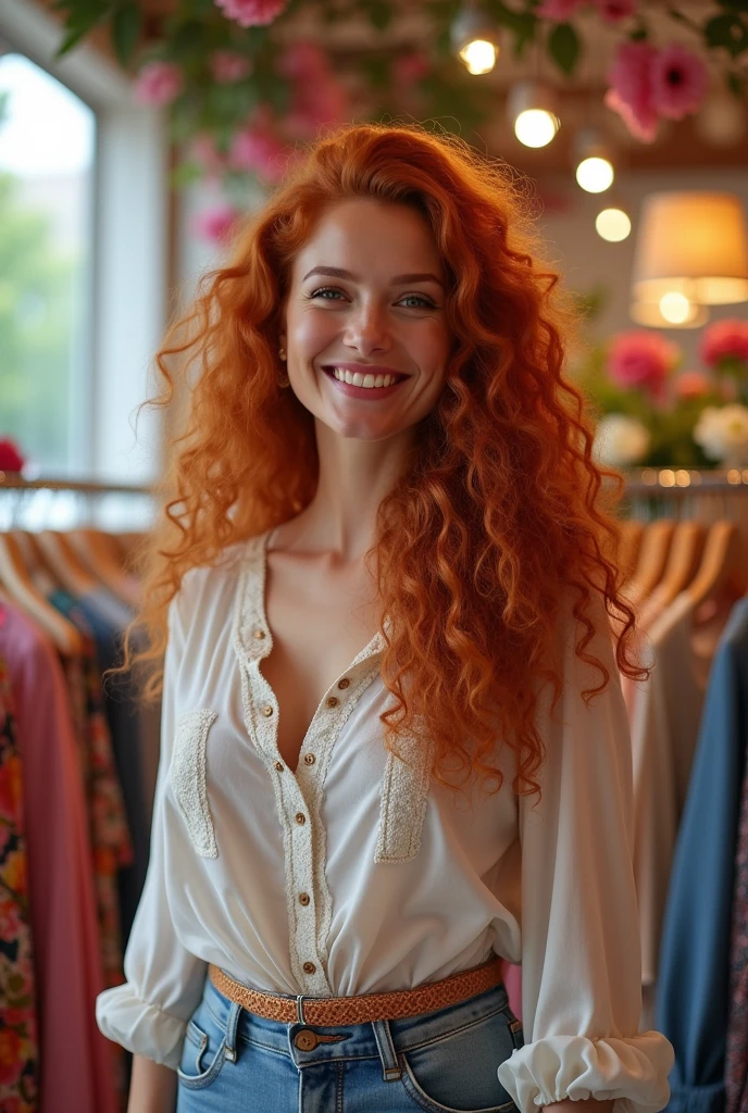 Create an image of a happy, successful white, red-haired woman with long curly hair running her women&#39;s clothing store 